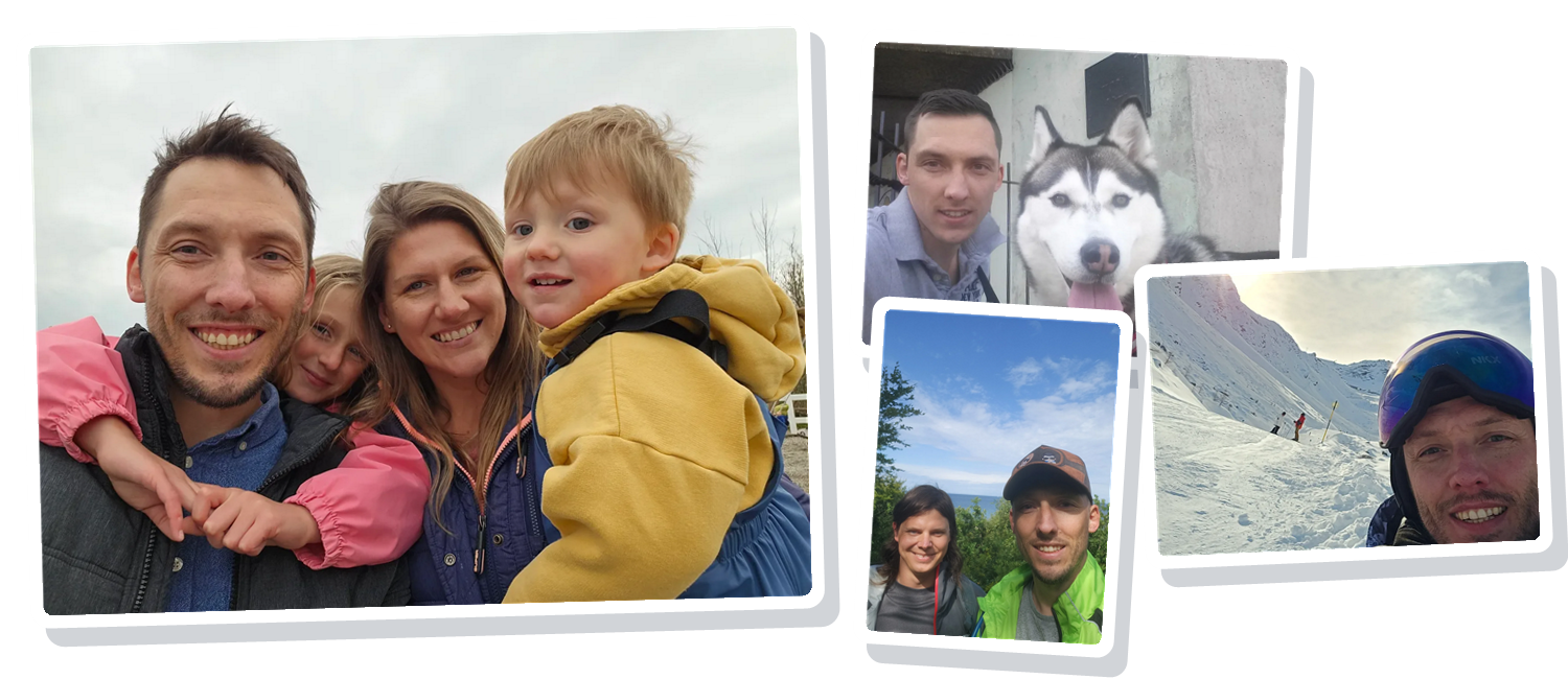 Collage of Chris with family, dog and outdoor photos