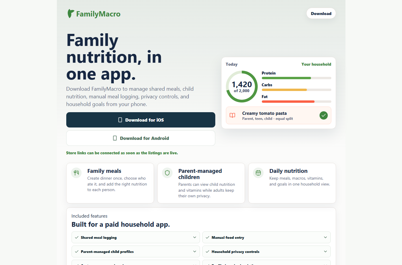 FamilyMacro household nutrition dashboard showing profile cards, food logging, meal planning, and family nutrition summaries.