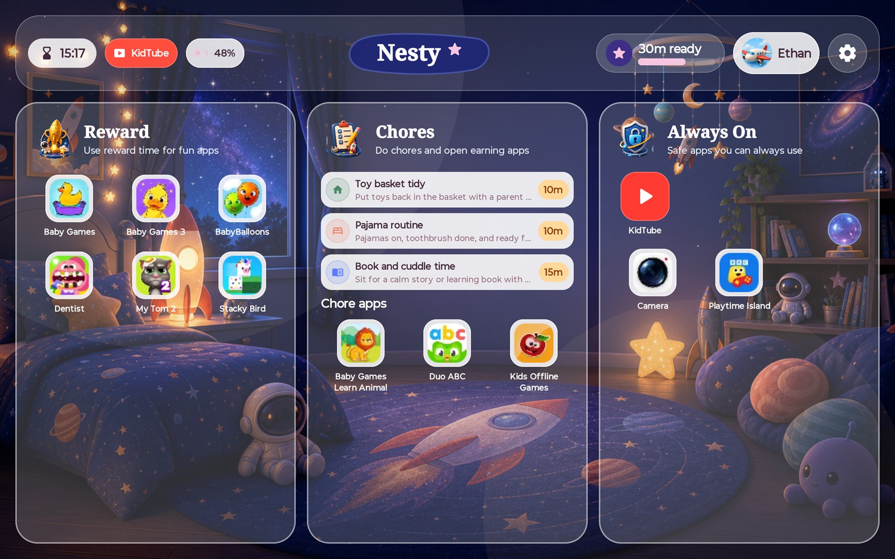 Nesty child dashboard showing reward apps, chores, always-on apps, KidTube, child timer, and protected parent tools.